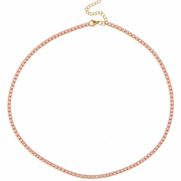 Colier tennis din inox, placaj aur 18K, CZ roz 3 mm, lungime 45+5 cm