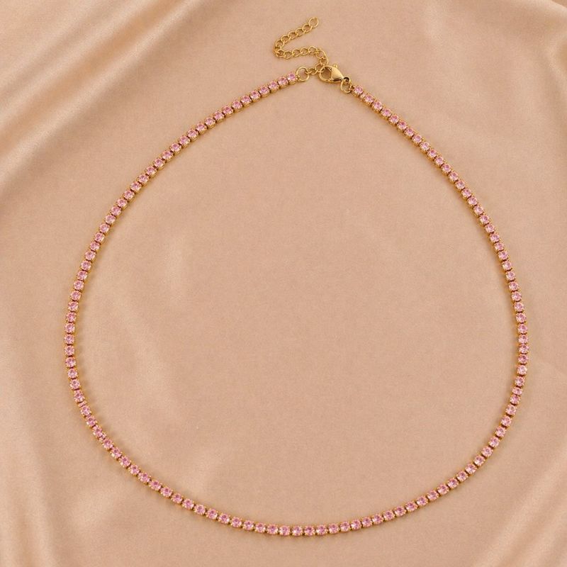 Colier tennis din inox, placaj aur 18K, CZ roz 3 mm, lungime 45+5 cm