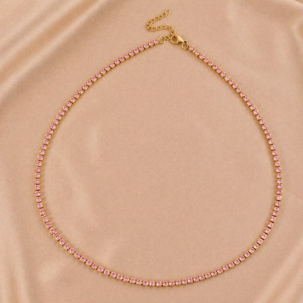 Colier tennis din inox, placaj aur 18K, CZ roz 3 mm, lungime 45+5 cm