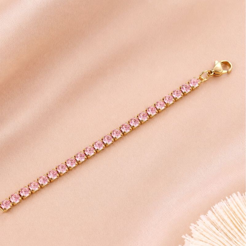 Colier tennis din inox, placaj aur 18K, CZ roz 3 mm, lungime 45+5 cm