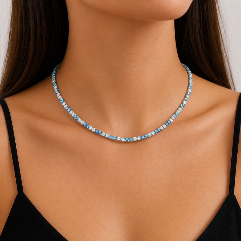 Colier tennis din inox, CZ alb, blue topaz 3 mm, lungime 45 + 5 cm
