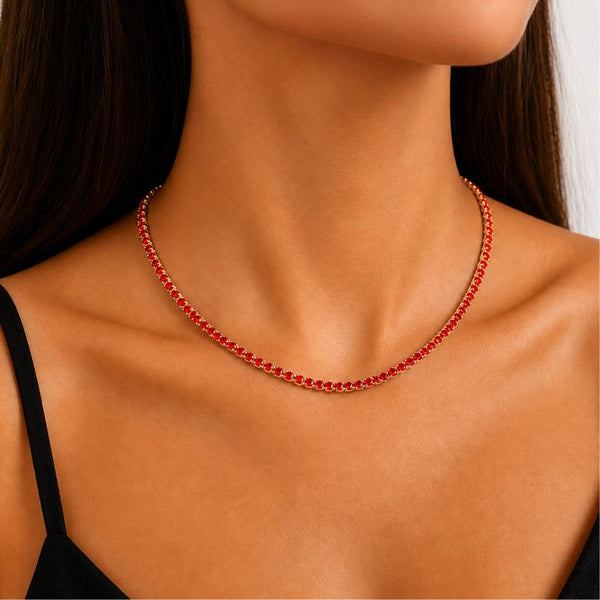 Colier tennis din inox, placaj aur 18K, CZ roșii 3 mm, lungime 45+5 cm
