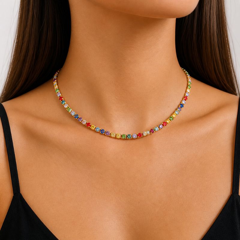 Colier inox, placaj aur 18K, CZ multicolor 3 mm, lungime 45 + 5 cm