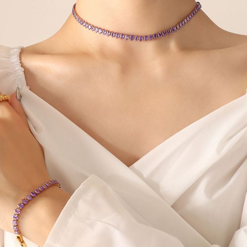 Colier choker din inox placat cu aur 18K, CZ violet, 36 cm