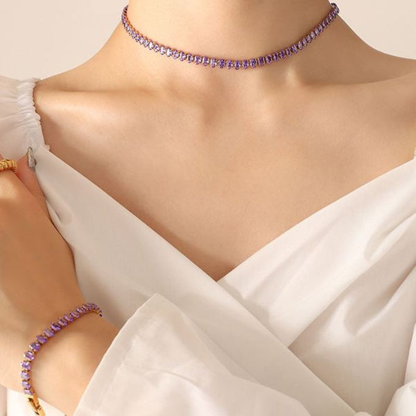 Colier choker din inox placat cu aur 18K, CZ violet, 36 cm