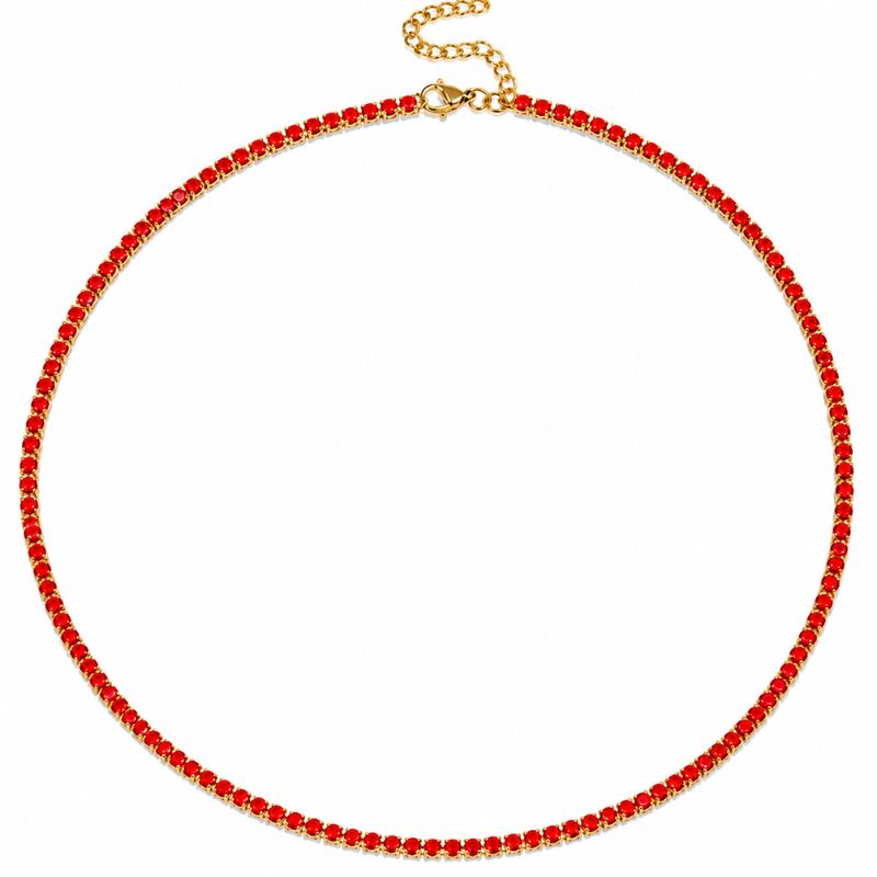 Colier tennis din inox, placaj aur 18K, CZ roșii 3 mm, lungime 45+5 cm