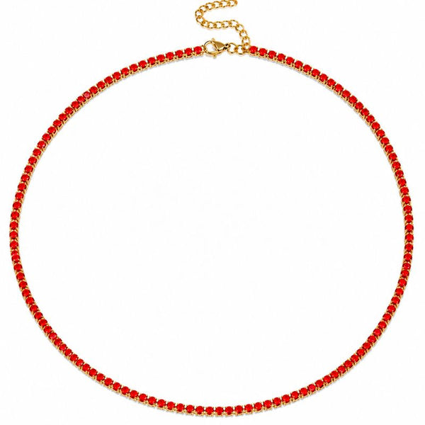 Colier tennis din inox, placaj aur 18K, CZ roșii 3 mm, lungime 45+5 cm