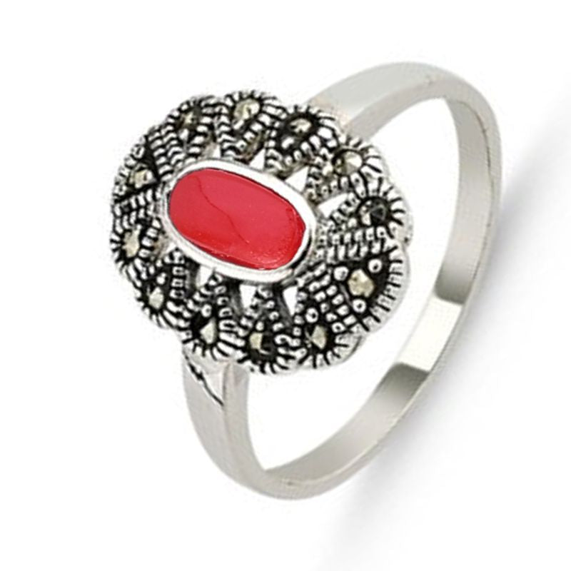 Inel argint cu pietre agat rosu si marcasite - Podoabele Mele