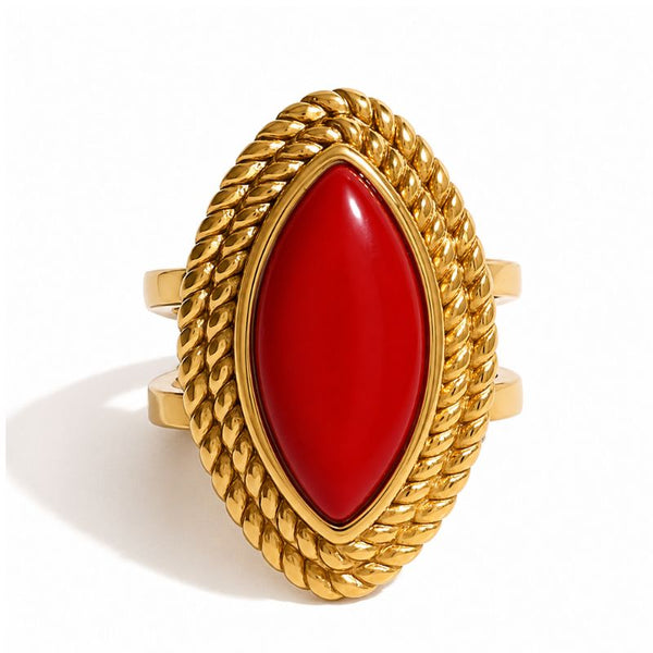 Inel deschis din otel inoxidabil placat cu aur 18K decorat cu coral