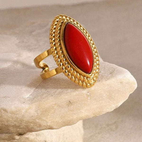 Inel deschis din otel inoxidabil placat cu aur 18K decorat cu coral