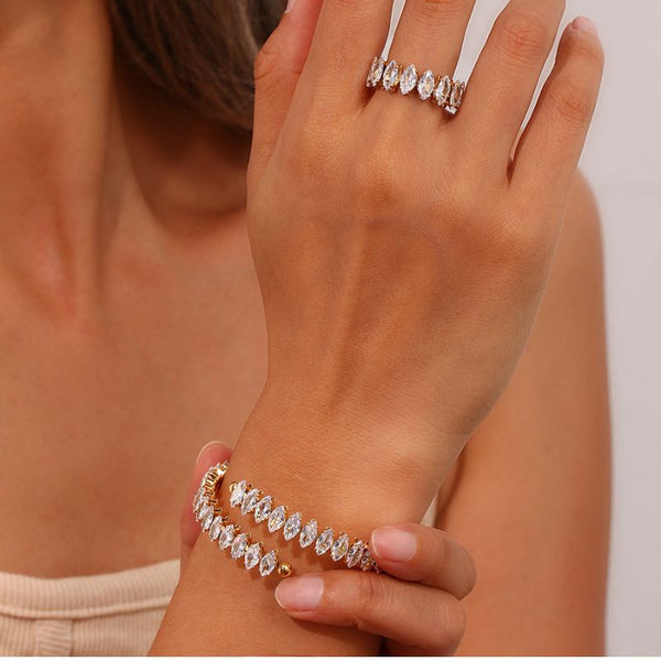 Inel inox reglabil, placaj aur 18K, CZ albe