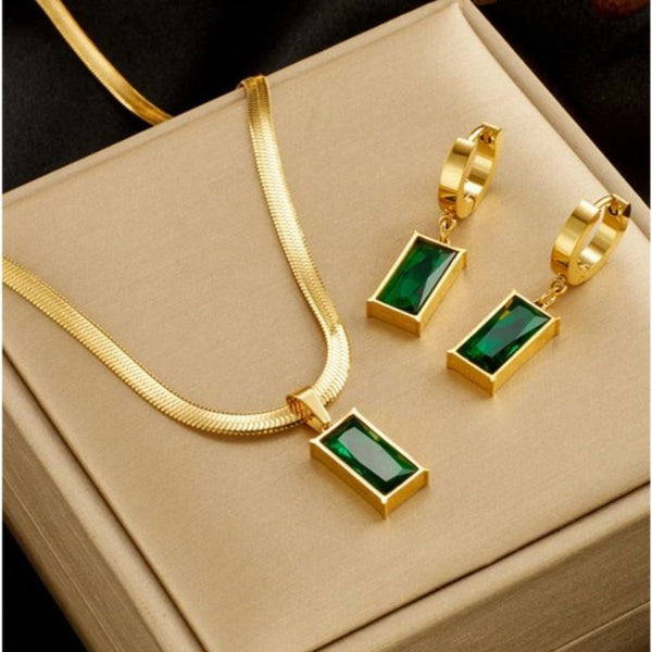 Set bijuterii inox placat cu aur 18K, CZ verde