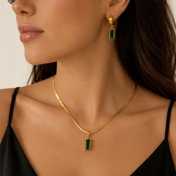 Set bijuterii inox placat cu aur 18K, CZ verde
