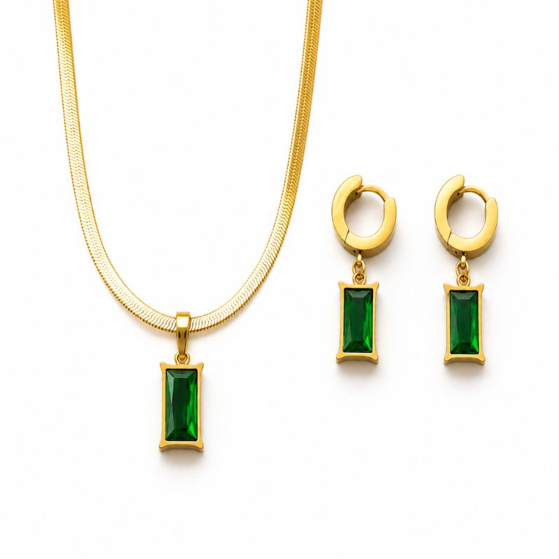 Set bijuterii inox placat cu aur 18K, CZ verde