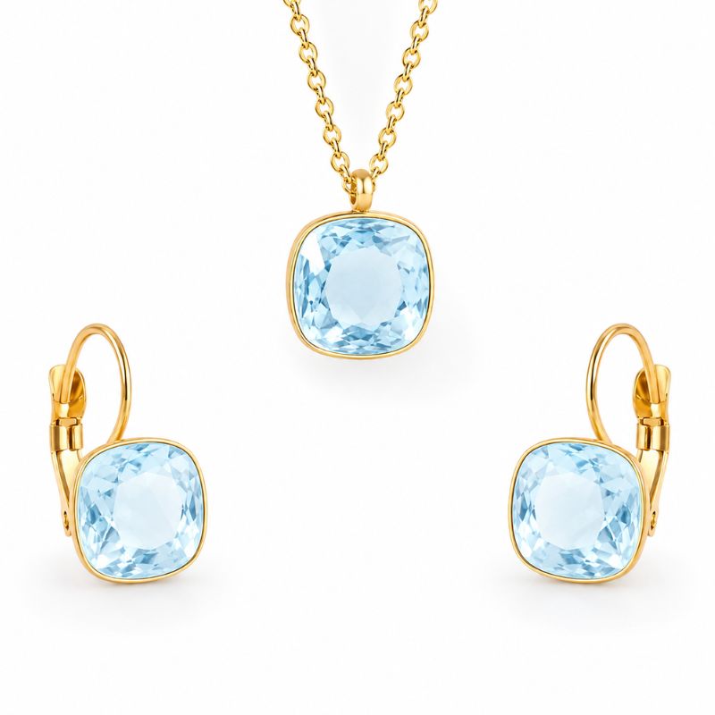 Set inox placat cu aur, CZ albastru Sky Blue Topaz patrat