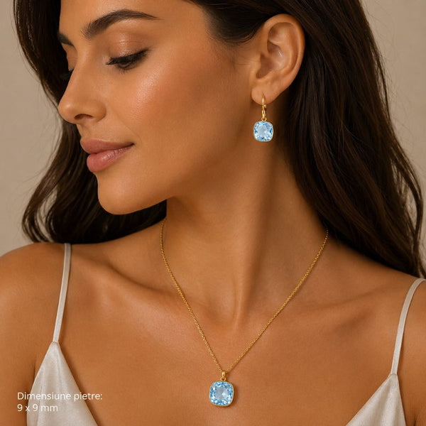Set inox placat cu aur, CZ albastru Sky Blue Topaz patrat