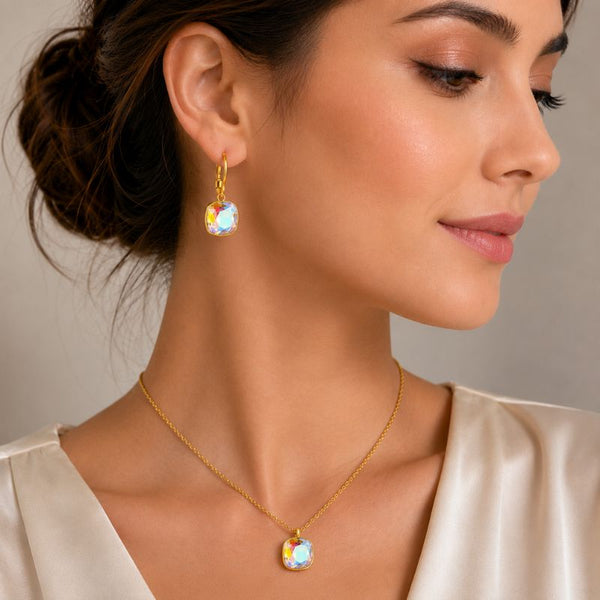Set inox placat cu aur 18K, CZ alb curcubeu patrat