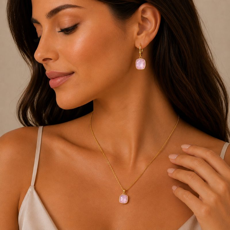 Set inox placat cu aur 18K, CZ Misty Pink patrat