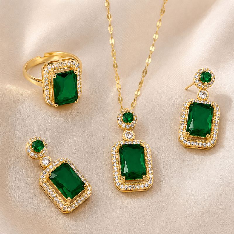 Set otel inoxidabil placat cu aur 18 K, CZ verde