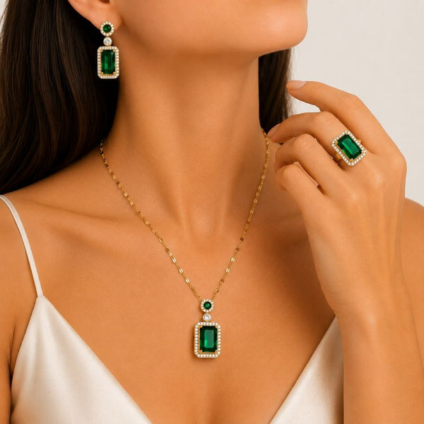 Set otel inoxidabil placat cu aur 18 K, CZ verde