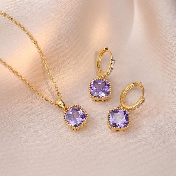 Set inox placat cu aur 18K, CZ violet patrat