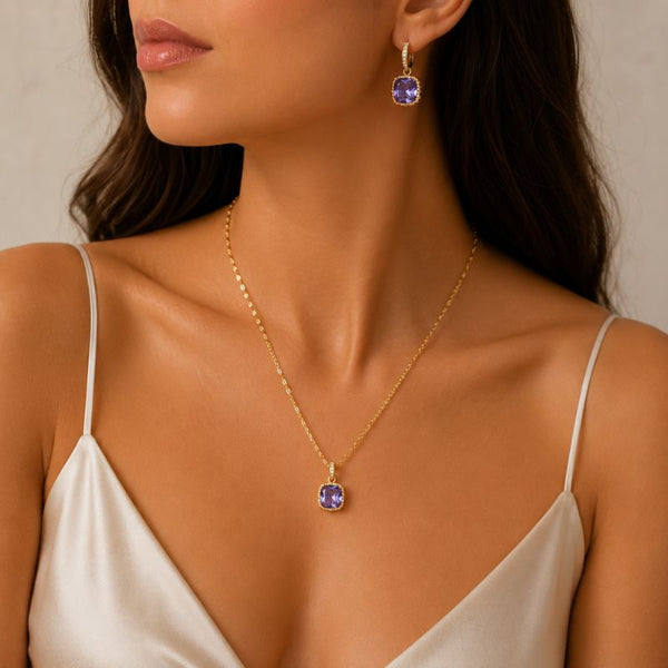 Set inox placat cu aur 18K, CZ violet patrat