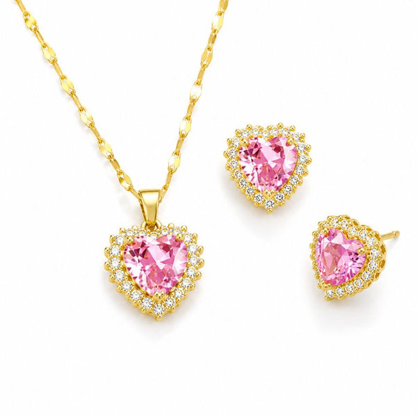 Set cupru placat cu aur 18K, Inima CZ roz- cercei, colier