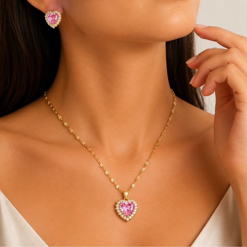 Set cupru placat cu aur 18K, Inima CZ roz- cercei, colier